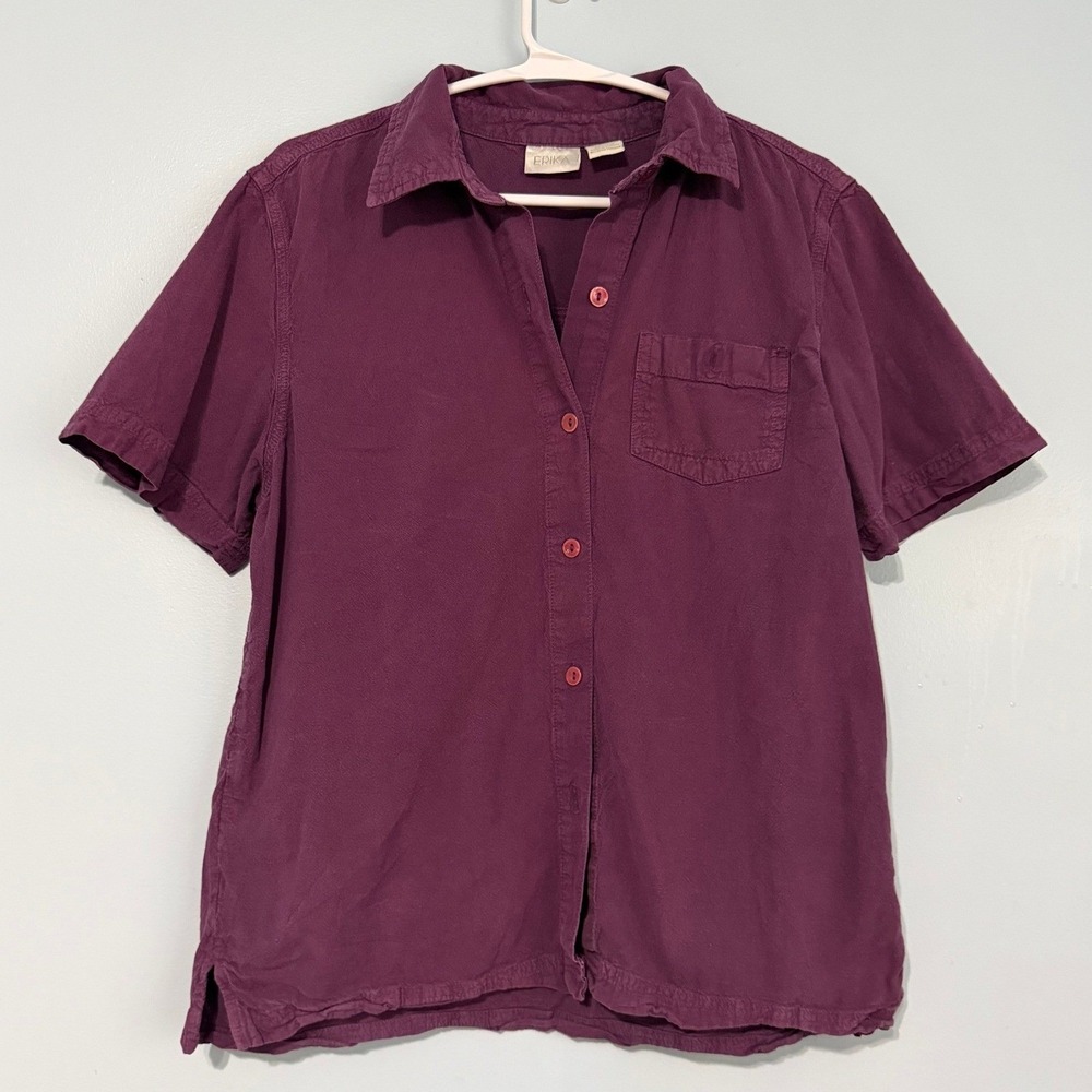 Erika Women's S Plum Purple Short Sleeve Button Down Shirt 100% Cotton